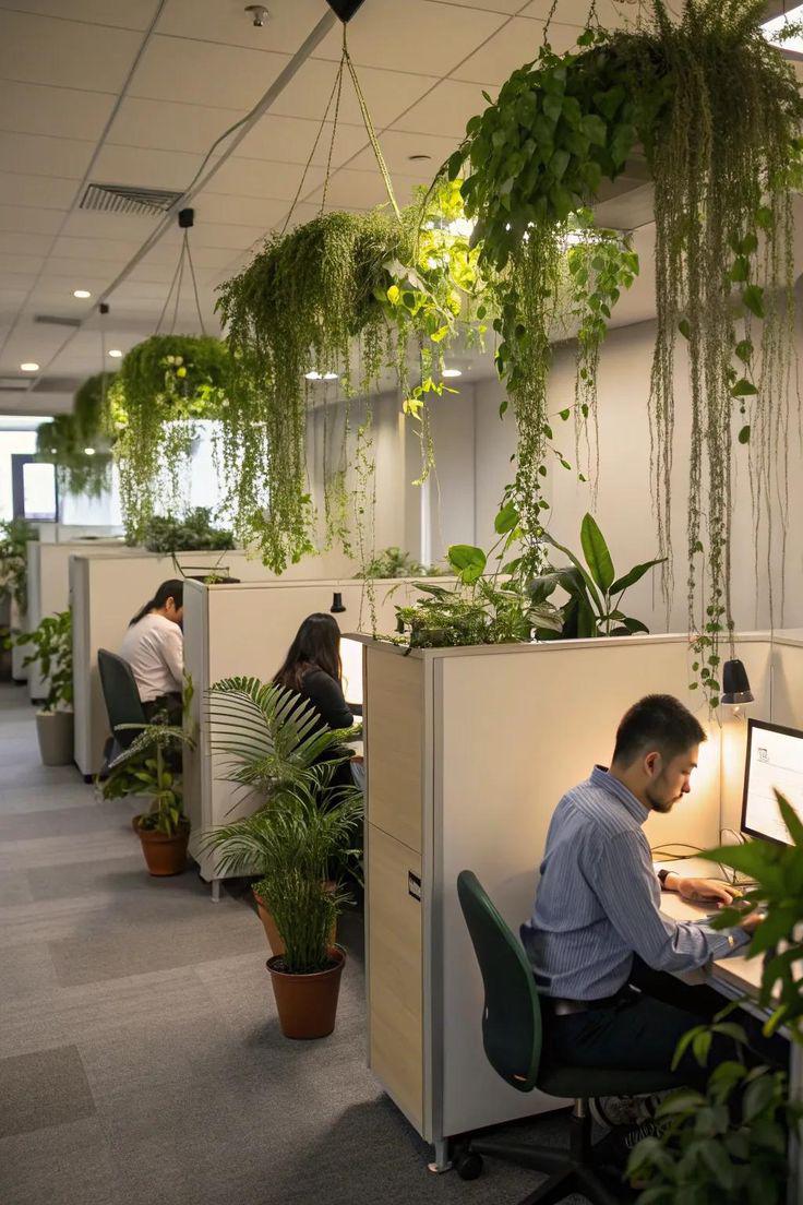 Cubicle pods crowned with trailing pothos and hanging baskets