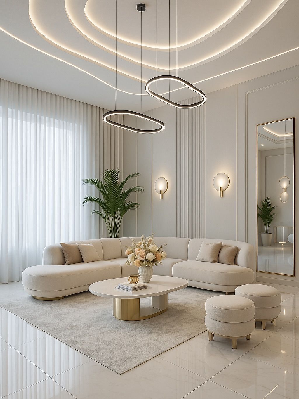 Curated palm and bonsai placement in a softly lit luxury living room