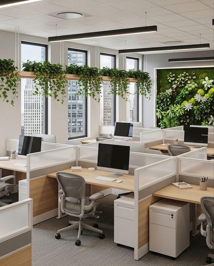 Corporate workstations with hanging plant troughs and a vertical green wall