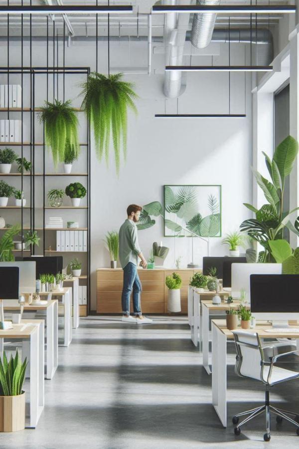 Open-plan office with cascading ferns and curated planters